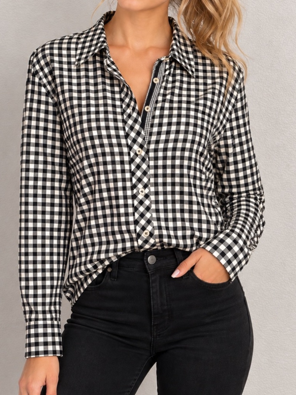 Talbots 100% Cotton Gingham Button Down Shirt Black White Preppy Large
